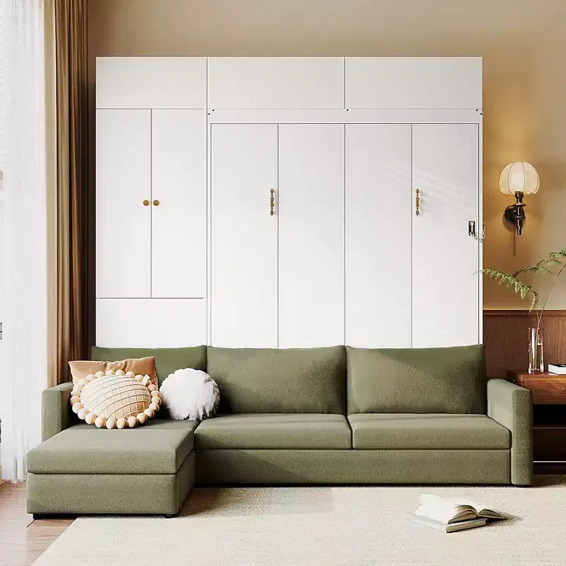 Lit escamotable Queen size avec canapé et armoire, Lit mural Queen en bois avec étagères, Lit escamotable pour chambre d'amis ou bureau