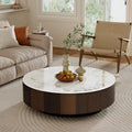 Table basse ronde moderne de 35 en faux marbre, plateau en pierre frittée blanche brillante, table de style milieu du siècle avec tiroir en bois massif