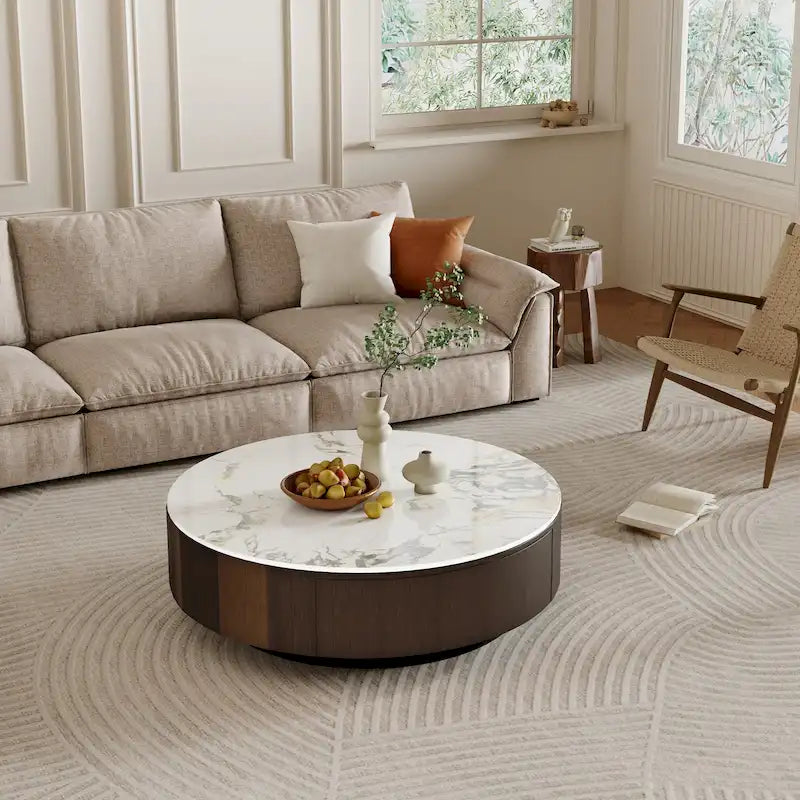 Table basse ronde moderne de 35 en faux marbre, plateau en pierre frittée blanche brillante, table de style milieu du siècle avec tiroir en bois massif
