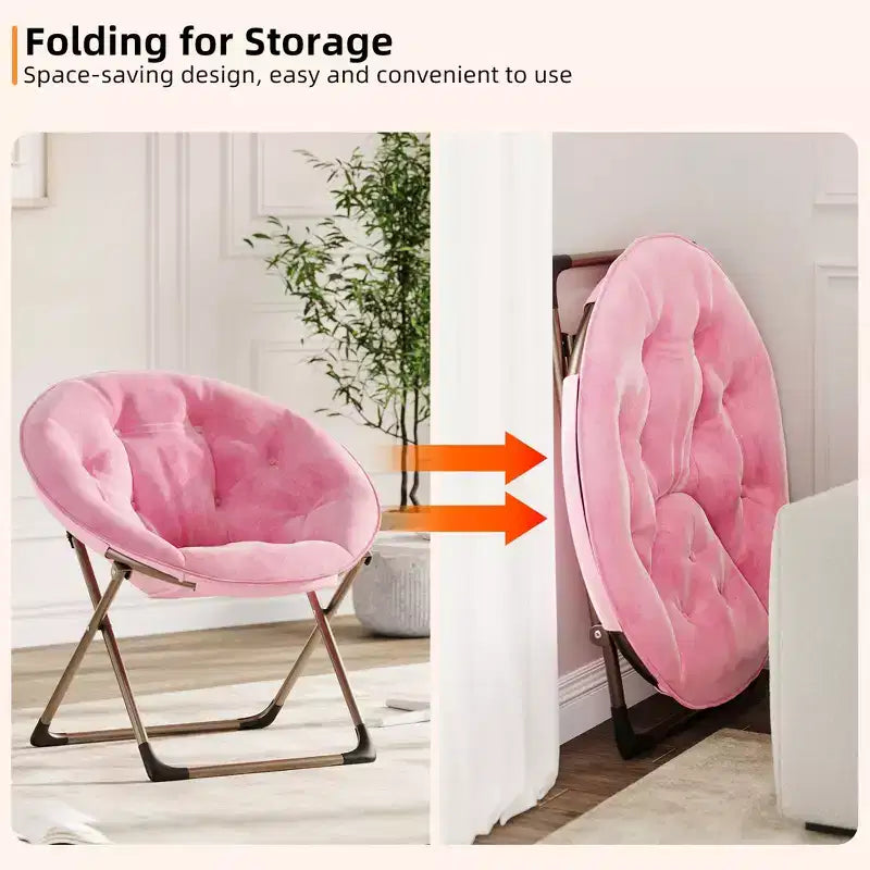 Fauteuil soucoupe, fauteuil moelleux en fausse fourrure, fauteuil lune avec structure métallique pliable, siège d'appoint floral