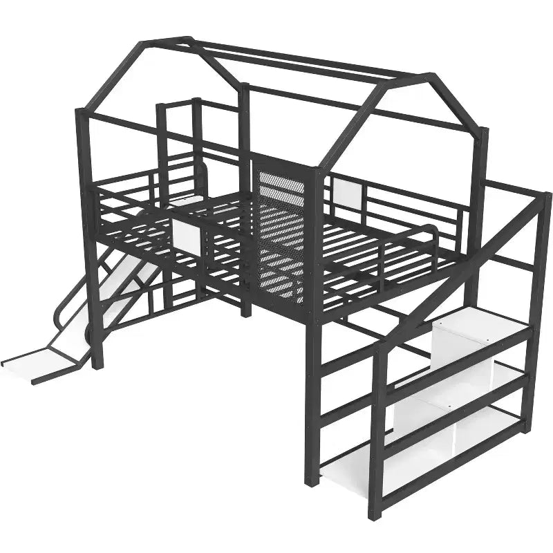 Lit mezzanine cabane avec toboggan et escalier de rangement - Cadre métallique pour enfants et adolescents