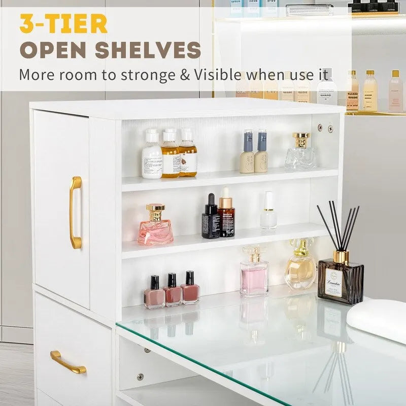 Bureau informatique de 140 cm avec étagères, tiroirs et armoire