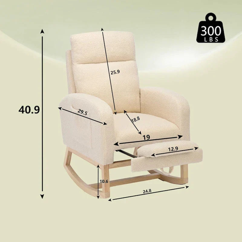 Fauteuil à bascule moderne à dossier haut rembourré de 29,5 po avec pieds en bois massif et repose-pieds réglable