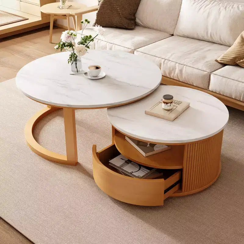 Table basse gigogne moderne avec tiroir, Table basse ronde avec rangement pour salon