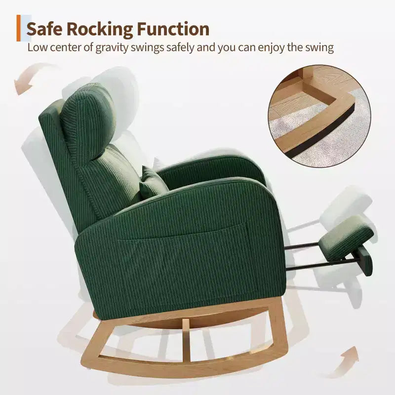 Fauteuil à bascule moderne avec oreiller et poches latérales, pour salon, chambre à coucher