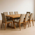 Table de salle à manger rectangulaire en bois massif et 8 chaises en tissu beige