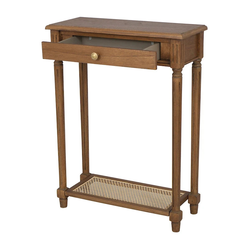 Table d'appoint console à 1 tiroir en bois massif et étagère en cannage Lenora par East at Main