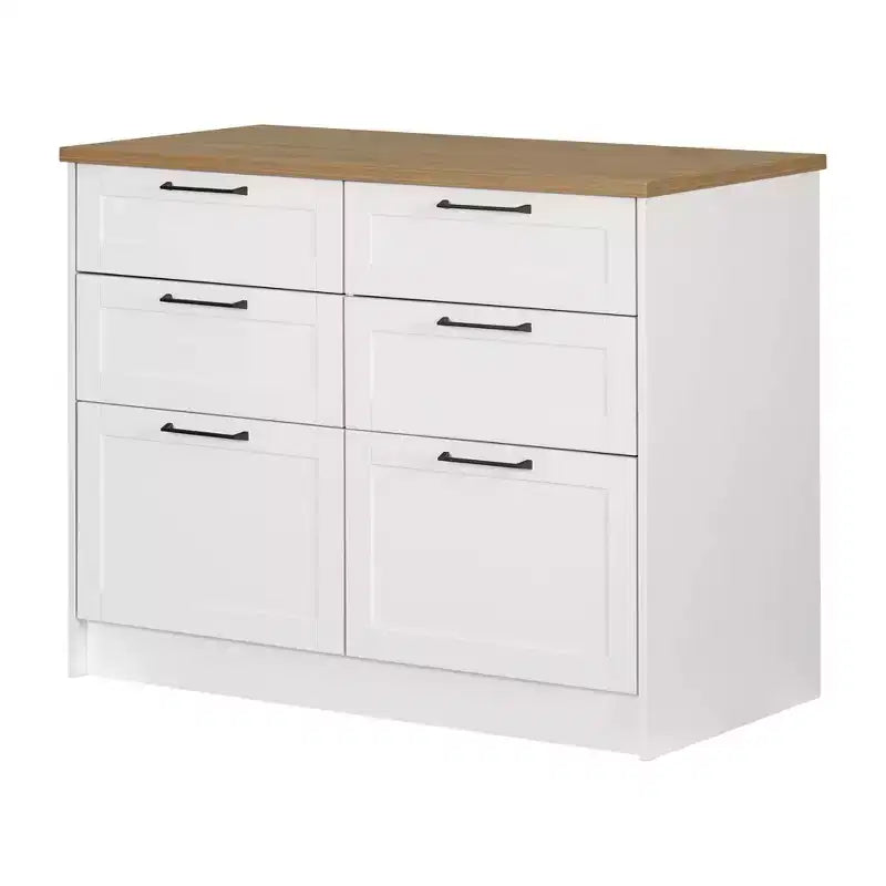 Îlot de cuisine à 6 tiroirs – Style champêtre, blanc et érable muscade, 47,25 po L