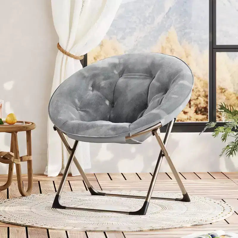 Fauteuil soucoupe, fauteuil moelleux en fausse fourrure, fauteuil lune avec structure métallique pliable, siège d'appoint floral