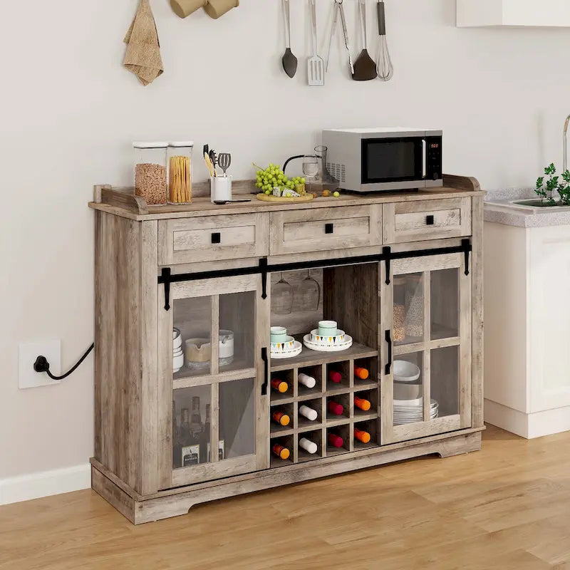 53 Meuble de rangement de cuisine avec porte de grange, buffet, bar à café et casier à vin