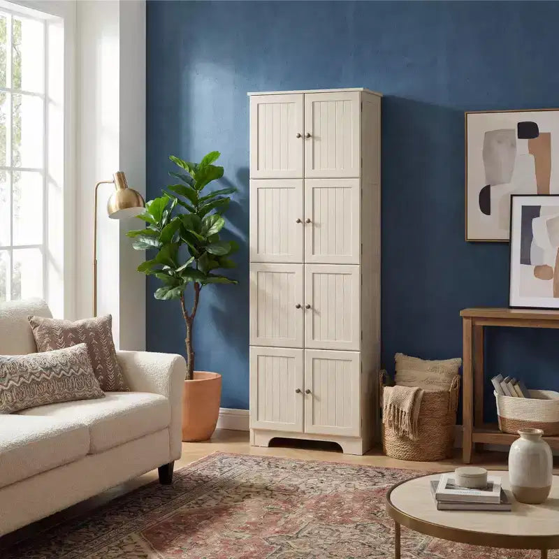 Armoire de rangement haute autoportante blanche 72,4 po – 8 portes et 4 étagères