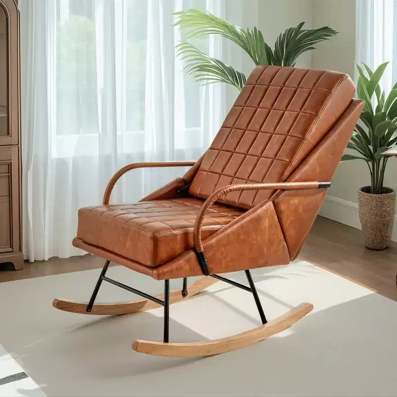 VECELO Fauteuil à bascule en similicuir/tissu Teddy, fauteuil inclinable de salon moderne avec assise rembourrée, base en bois massif sécurisée Blanc/Marron